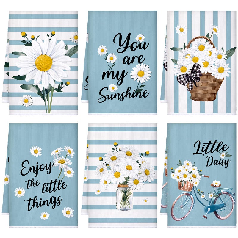 Boyiee Set of 6 Daisy Flower Kitchen Towels Daisy Stripes Tea Towels Floral Absorbent Dishtowels 24 x 16 Inches Housewarming Gifts Blue Hand Wash Cloth for Farmhouse Kitchen Bathroom Decorations - Image 1