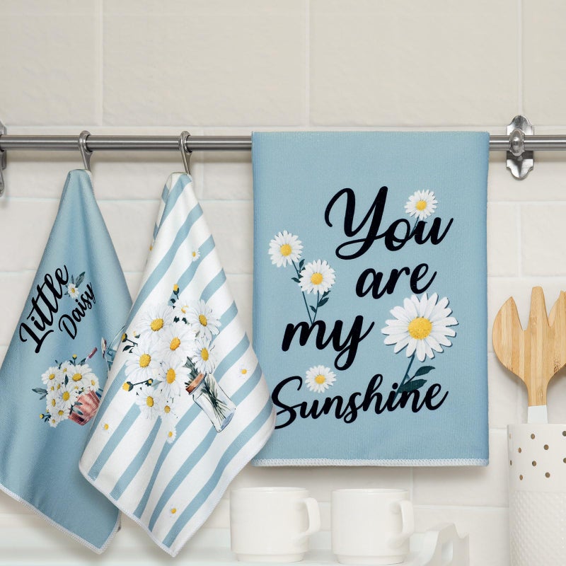 Boyiee Set of 6 Daisy Flower Kitchen Towels Daisy Stripes Tea Towels Floral Absorbent Dishtowels 24 x 16 Inches Housewarming Gifts Blue Hand Wash Cloth for Farmhouse Kitchen Bathroom Decorations - Image 2