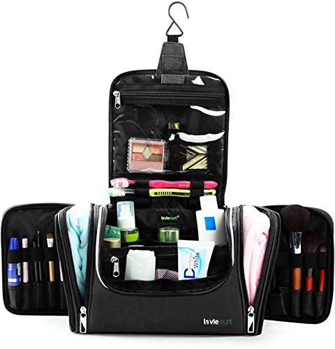 LAVIEVERT Toiletry Bag/Makeup Organizer/Cosmetic Bag/Portable Travel Kit Organizer/Household Storage Pack/Bathroom Storage with Hanging for Business, Vacation, Household - Black - Image 3