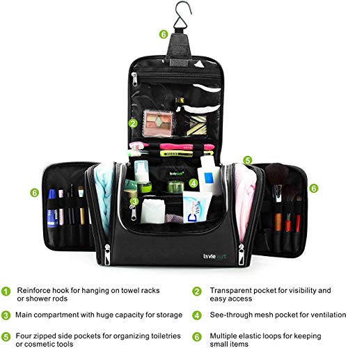 LAVIEVERT Toiletry Bag/Makeup Organizer/Cosmetic Bag/Portable Travel Kit Organizer/Household Storage Pack/Bathroom Storage with Hanging for Business, Vacation, Household - Black - Image 4