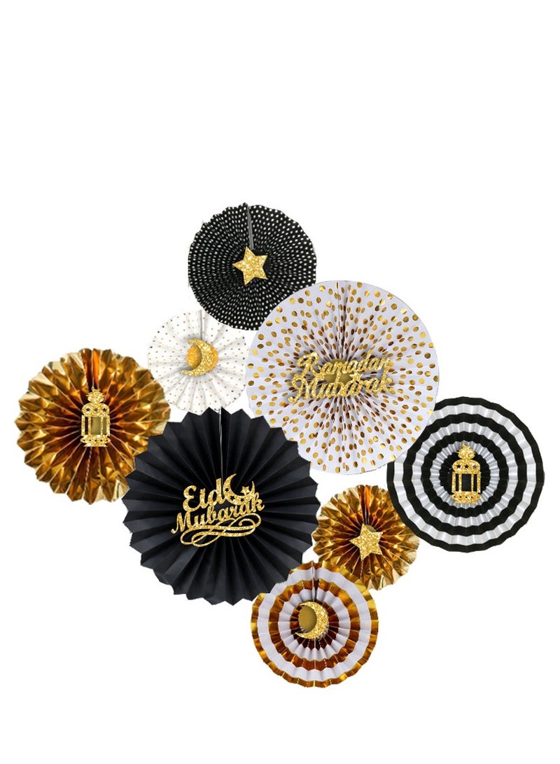XiuWoo مجموعة مروحة ورقية مزينة برمضان كريم باللونين الأسود والذهبي - Image 1