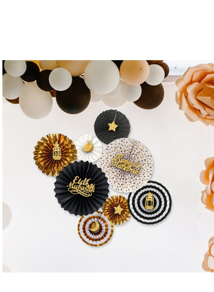 XiuWoo مجموعة مروحة ورقية مزينة برمضان كريم باللونين الأسود والذهبي - Image 3