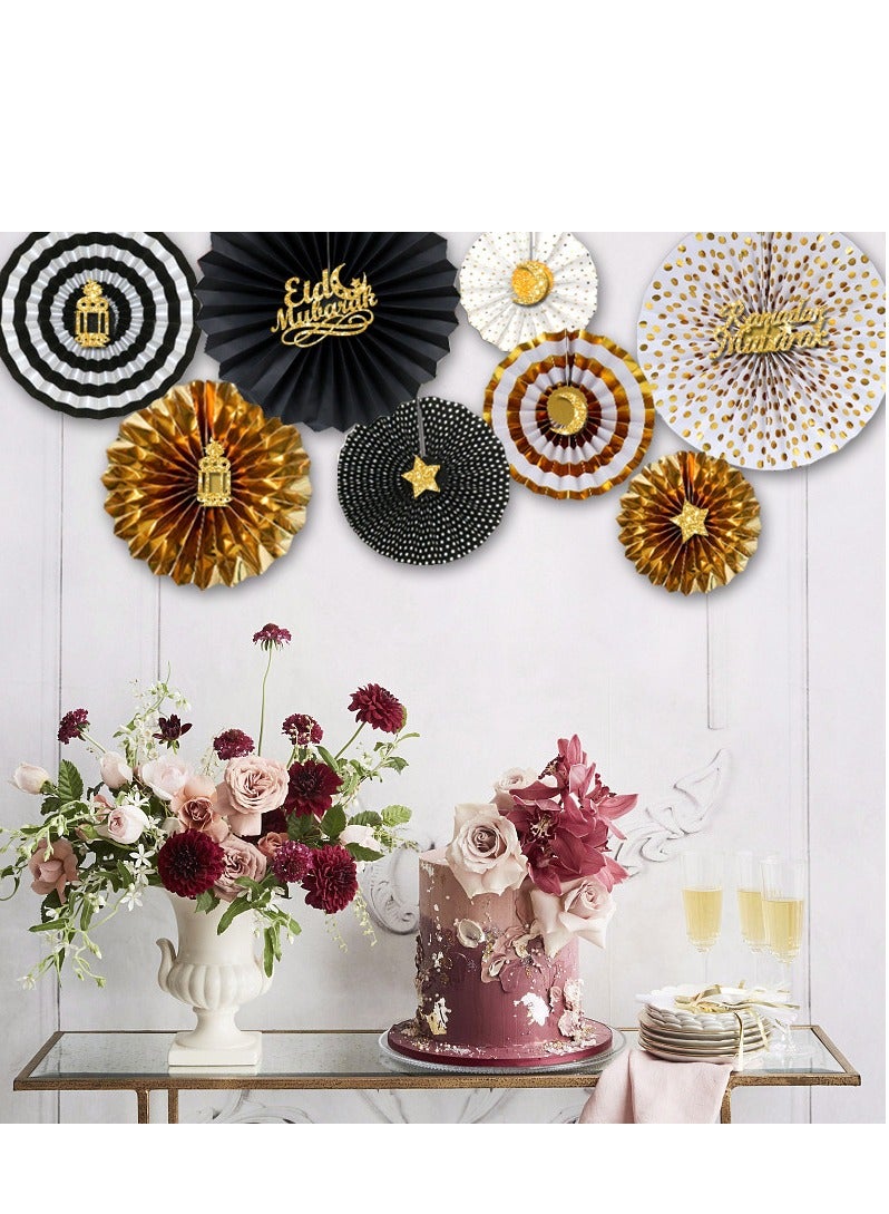 XiuWoo مجموعة مروحة ورقية مزينة برمضان كريم باللونين الأسود والذهبي - Image 2