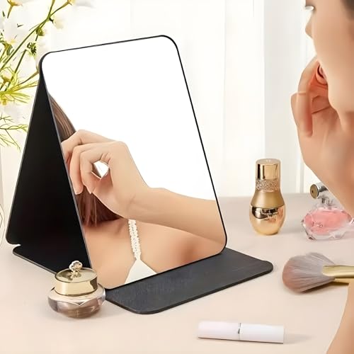 ONICORN Folding Makeup Mirror - Portable Small Size PU Leather Travel Mirror, Tabletop Mount, Exquisite HD Round Edge Corner Glass, Adjustable Angle Vanity Mirror with Stand (Black Pack of 1) - Image 2