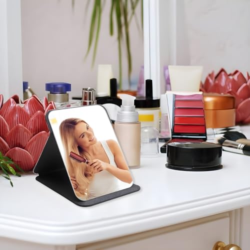 ONICORN Folding Makeup Mirror - Portable Small Size PU Leather Travel Mirror, Tabletop Mount, Exquisite HD Round Edge Corner Glass, Adjustable Angle Vanity Mirror with Stand (Black Pack of 1) - Image 3