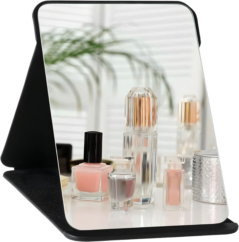 ONICORN Folding Makeup Mirror - Portable Small Size PU Leather Travel Mirror, Tabletop Mount, Exquisite HD Round Edge Corner Glass, Adjustable Angle Vanity Mirror with Stand (Black Pack of 1) - Image 1