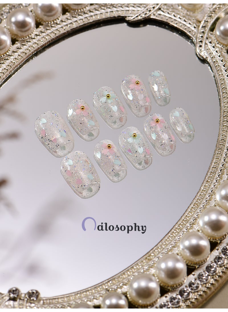 Nailosophy Frosted Floral Press-On Nails | Clear Sparkle with 3D Flowers & Holographic Glitter - Image 1