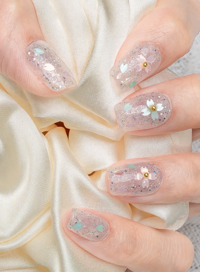 Nailosophy 10 Pcs Handmade Gel Press On Nails Short Square Clear Floral Glitter Reusable False Nails Nail Kit for Women Wedding Gift Eid - Image 1