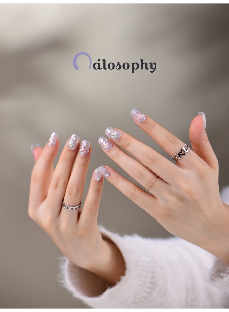 Nailosophy 10 Pcs Handmade Gel Press On Nails Short Square Clear Floral Glitter Reusable False Nails Nail Kit for Women Wedding Gift Eid - Image 4