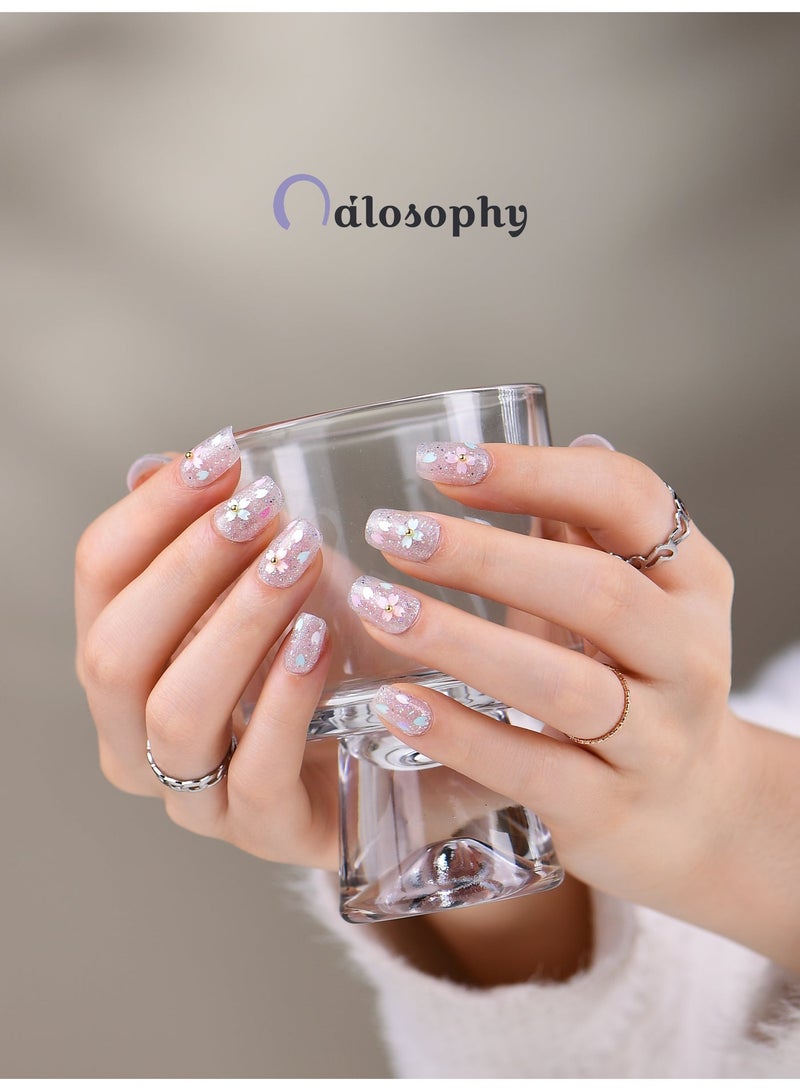 Nailosophy 10 Pcs Handmade Gel Press On Nails Short Square Clear Floral Glitter Reusable False Nails Nail Kit for Women Wedding Gift Eid - Image 3