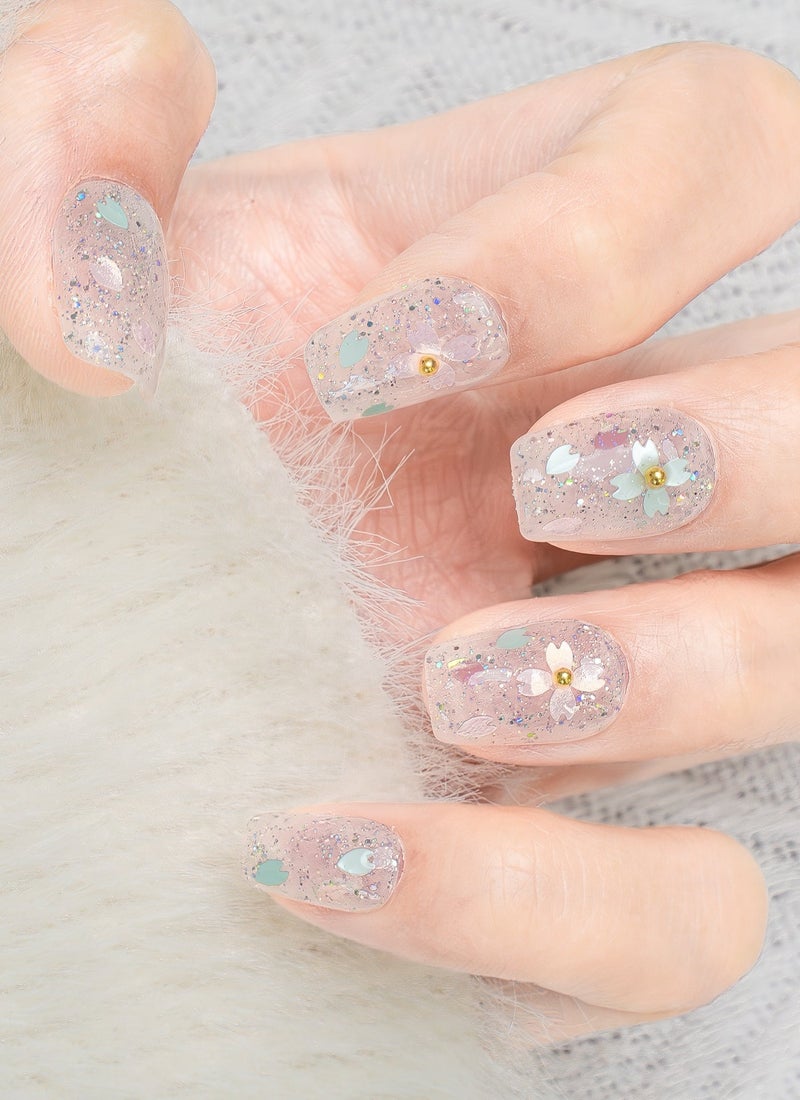 Nailosophy 10 Pcs Handmade Gel Press On Nails Short Square Clear Floral Glitter Reusable False Nails Nail Kit for Women Wedding Gift Eid - Image 2