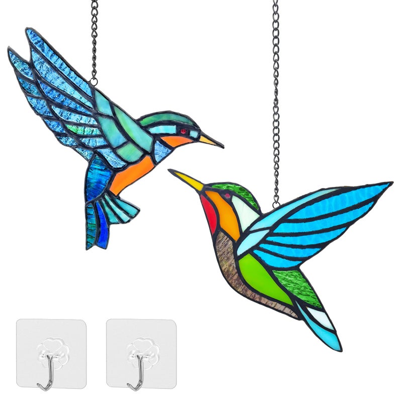 Royxen 2 Pack Hummingbird Stained Glass Window Hangings Handmade Bird Sun Catcher for Home Window