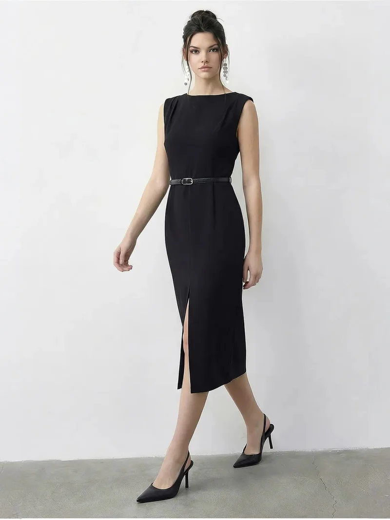 Bianco Lucci LUCCI Belted Midi Pencil Dress with Boat Neck