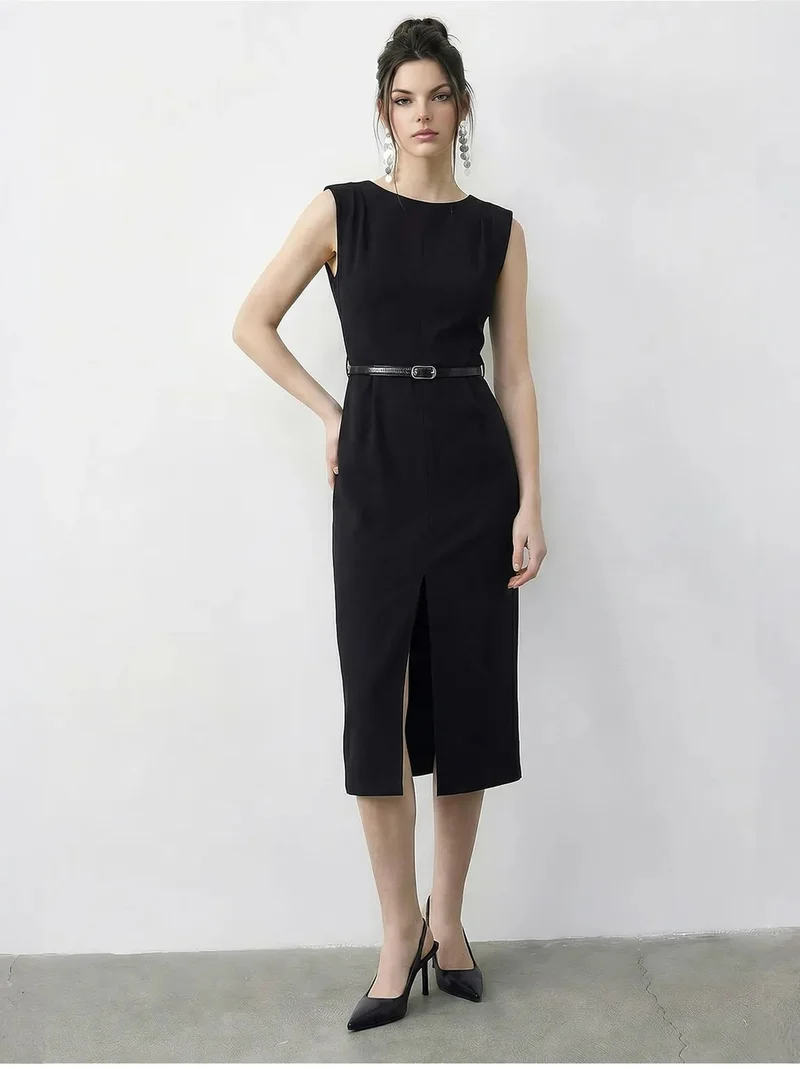 Bianco Lucci LUCCI Belted Midi Pencil Dress with Boat Neck