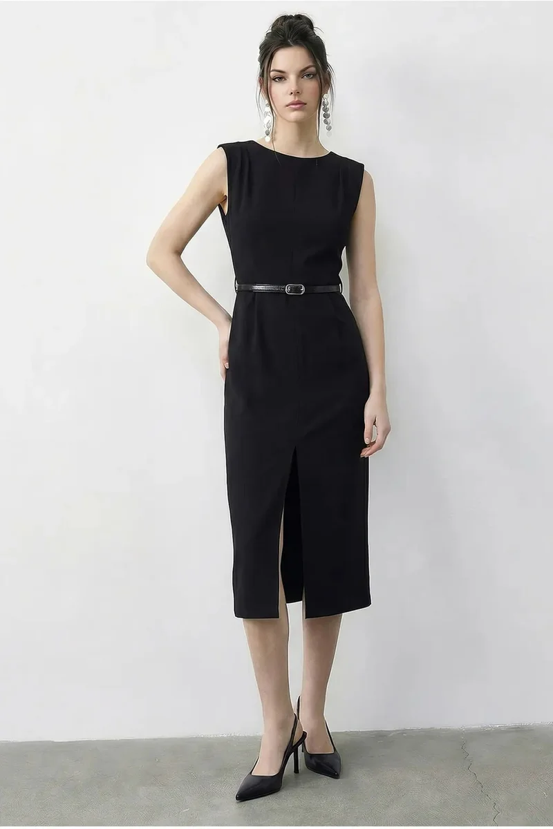 بيانكو لوتشي LUCCI Belted Midi Pencil Dress with Boat Neck