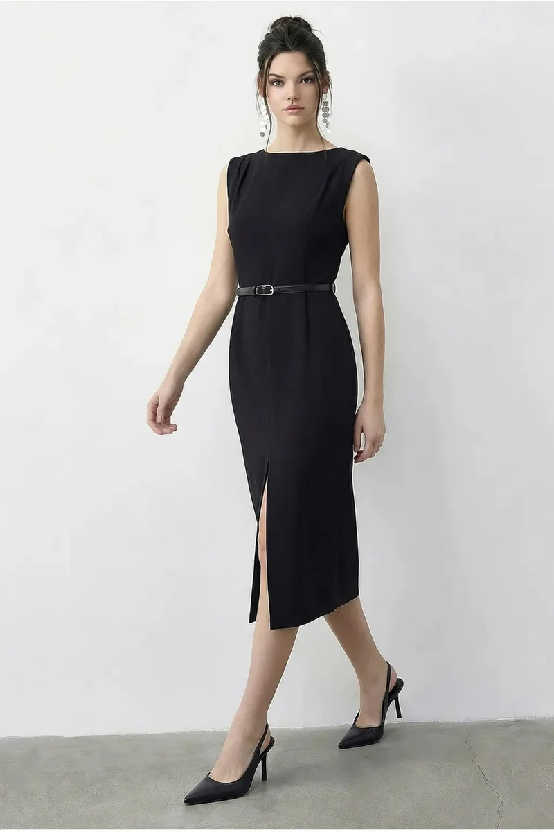 بيانكو لوتشي LUCCI Belted Midi Pencil Dress with Boat Neck