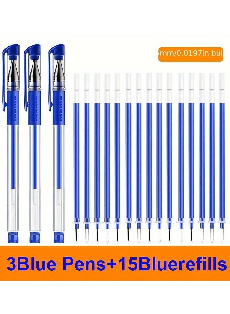 18pcs Gel Pen Set (3 Blue Pens +15 Blue Refills) School Supplies  Blue Ink Color 0.5mm Ballpoint Pen Kawaii Pen Students School Office Stationery