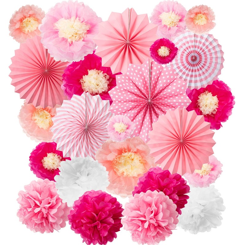 WILLBOND 24 Pieces Paper Fans Decoration Set Including 12 Tissue Flowers 6 Pink Hanging Fans Garlands Decoration 6 Paper Poms Ball Decor Flowers Kit for Wedding Birthday Baby Shower
