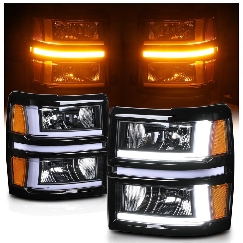 MAUTO Driver and Passenger Side Headlight wLED DRL Compatible with 20142015 Chevy Silverado 1500 Black Housing Amber Corner Left and Right Pair Headlamps Assembly