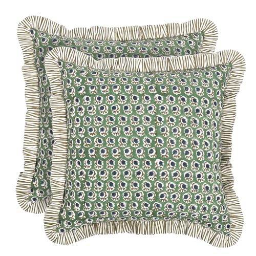 Ridhi Block Print Basil Green Throw Pillow Cover 18 x 18 Pack of 2 Decorative Cushion Covers with Ruffle for Couch Sofa Bed Living Room Home Decor Gift for Spring Easter Valentine - Image 1