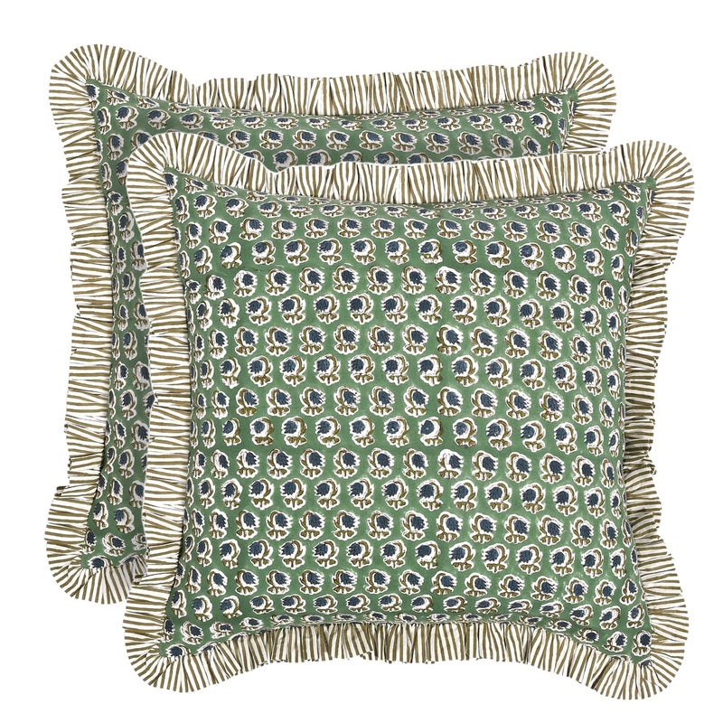 Ridhi Block Print Basil Green Throw Pillow Cover 18 x 18 Pack of 2 Decorative Cushion Covers with Ruffle for Couch Sofa Bed Living Room Home Decor Gift for Spring Easter Valentine - Image 2