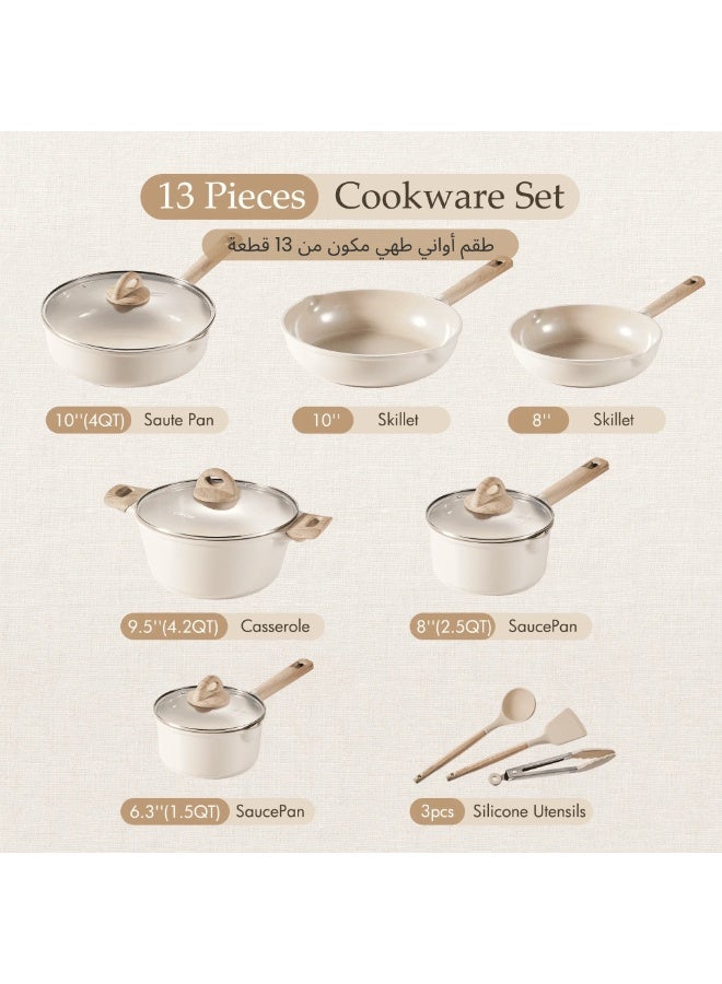 Carote 13-Piece Ceramic Non Stick Cookware Set, Wooden Soft Touch Handles, Induction & Gas Compatible, Non Toxic, Kitchen Pots and Pans with Glass Lids, Casserole, Skillet, Saute Pan, Sauce Pan, Taupe - Image 2