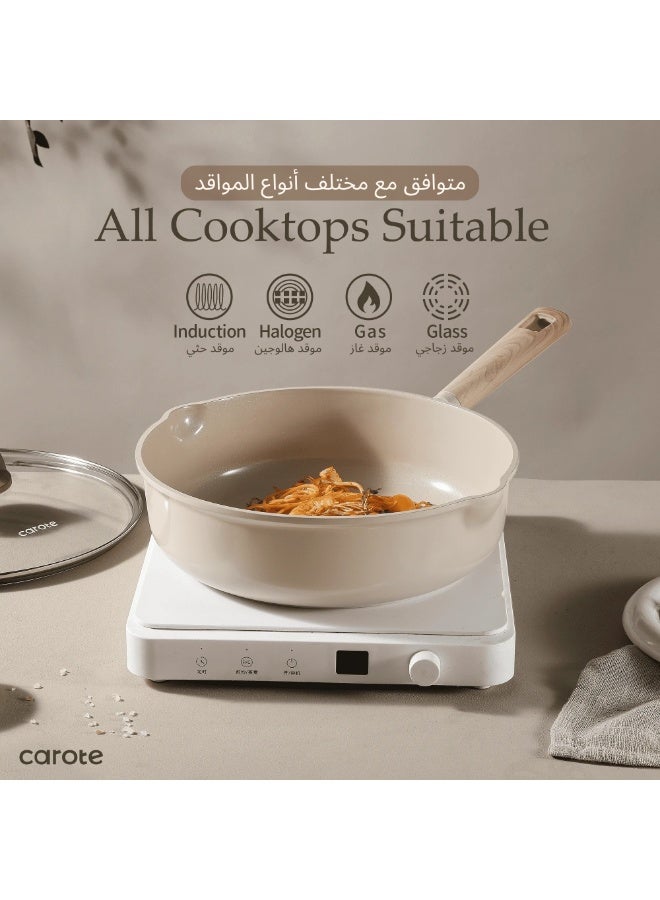 Carote 13-Piece Ceramic Non Stick Cookware Set, Wooden Soft Touch Handles, Induction & Gas Compatible, Non Toxic, Kitchen Pots and Pans with Glass Lids, Casserole, Skillet, Saute Pan, Sauce Pan, Taupe - Image 3
