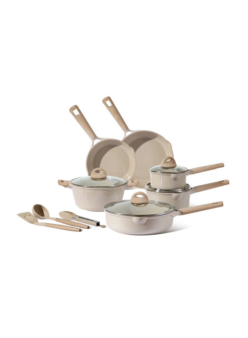 Carote 13-Piece Ceramic Non Stick Cookware Set, Wooden Soft Touch Handles, Induction & Gas Compatible, Non Toxic, Kitchen Pots and Pans with Glass Lids, Casserole, Skillet, Saute Pan, Sauce Pan, Taupe - Image 1