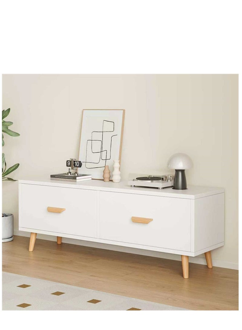 موقف تلفزيوني حديث ، مركز ترفيهي خشبي مع درجين ، وحدة تحكم تلفزيونية طاولة خزانة وسائل الإعلام مع درج تخزين لغرفة المعيشة غرفة النوم والمكتب (أبيض 100 * 30 * 49 سم) - Image 1