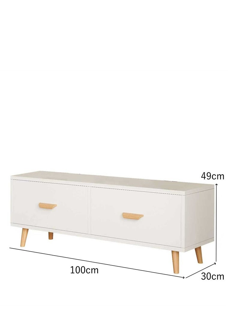 موقف تلفزيوني حديث ، مركز ترفيهي خشبي مع درجين ، وحدة تحكم تلفزيونية طاولة خزانة وسائل الإعلام مع درج تخزين لغرفة المعيشة غرفة النوم والمكتب (أبيض 100 * 30 * 49 سم) - Image 5
