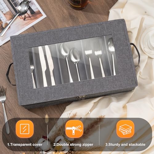Lafulling Flatware Storage Box 2 Pack, Silverware Storage Box Case Chest with Adjustable Dividers, Silverware Holder with Zipper Lid for Organizing Cutlery, Utensil, Flatware, Knives, Large Capacity Gray - Image 2