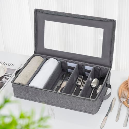 Lafulling Flatware Storage Box 2 Pack, Silverware Storage Box Case Chest with Adjustable Dividers, Silverware Holder with Zipper Lid for Organizing Cutlery, Utensil, Flatware, Knives, Large Capacity Gray - Image 5