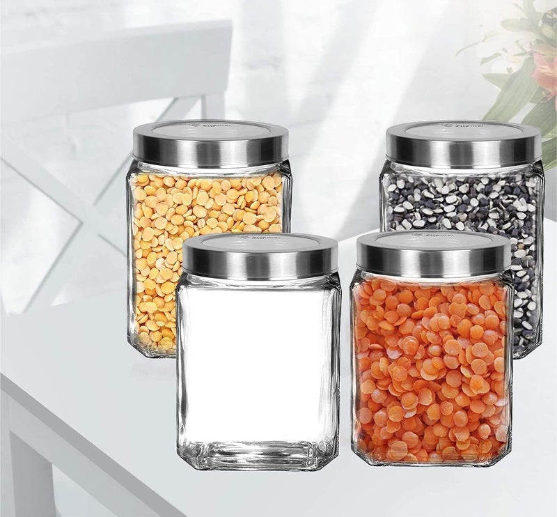 Vency Piramal Glass Cubical Square 600ml Transparent Glass Jars & Containers for Kitchen Pantry- Storage with Lid (600ml, Set Of 4) - Image 1