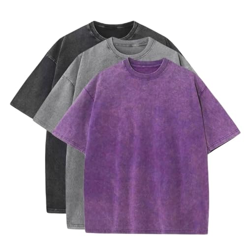POHADON 3 Pcs Men's Oversized Cotton Summer T-Shirts - Vintage Baggy Tee Loose Fit Short Sleeve T-Shirts Casual Streetwear (D,L) - Image 1