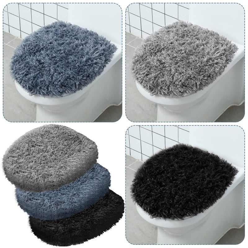 Kingdder 3 Pcs Toilet Lid Cover for Bathroom Machine Washable Plush Shag Seat Covers Dries Quickly Soft Fluffy Fabric 177 x 197 Fits Standard Toilet Lids Elastic Bathroom Decor 2 Gray 1 Black