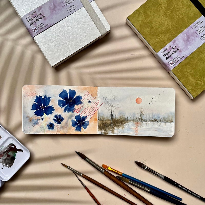 tumuarta Watercolor Sketchbook, 140 LB, 300 GSM, 100% Cotton Paper, Cold Press, 24 Sheets, 48 Pages, Watercolor Journal for Use As Travel Notebook and Mixed Media Pad On The Go (Gray, 4x6â€) - Image 4