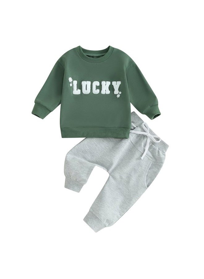DNOMAID YZARC Toddler Baby Boy St. Patrick's Day Outfit Lucky Clover Embroidery Sweatshirt Top Long Pants 2Pcs Clothes Set (Green, 12-18 Months) - Image 1