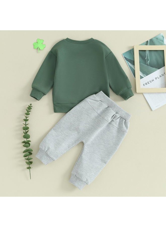 DNOMAID YZARC Toddler Baby Boy St. Patrick's Day Outfit Lucky Clover Embroidery Sweatshirt Top Long Pants 2Pcs Clothes Set (Green, 12-18 Months) - Image 3
