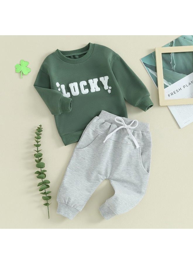 DNOMAID YZARC Toddler Baby Boy St. Patrick's Day Outfit Lucky Clover Embroidery Sweatshirt Top Long Pants 2Pcs Clothes Set (Green, 12-18 Months) - Image 2