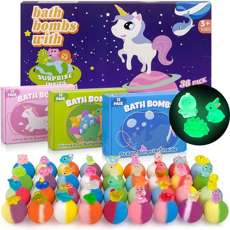 DOVIPE Bath Bombs for Kids with Toy Inside, 36 Pcs Bath Bombs with Glow in The Dark Dinosaur, Animal and Ocean Surprise Inside, Handmade Organic Bubble Bath Ball Gift Set for Birthday, Easter, Christmas - Image 1