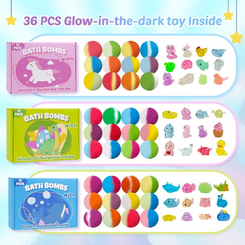 DOVIPE Bath Bombs for Kids with Toy Inside, 36 Pcs Bath Bombs with Glow in The Dark Dinosaur, Animal and Ocean Surprise Inside, Handmade Organic Bubble Bath Ball Gift Set for Birthday, Easter, Christmas - Image 2