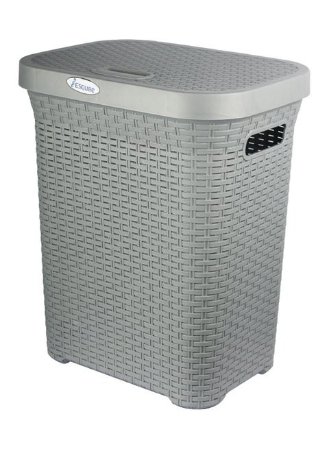 Plastic Laundry Basket 50L – Grey Woven-Style Large Storage Bin with Lid for Home, Bathroom & Bedroom Use Grey 50Liters