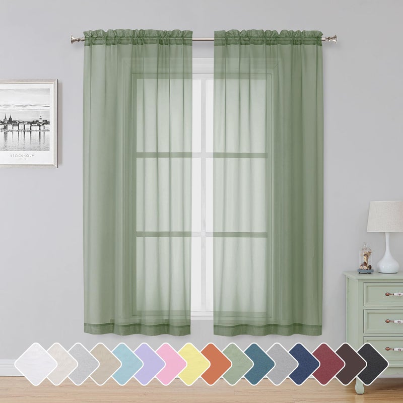 Simplebrand Sage Sheer Curtains 63 Inch Length 2 Panels, Rod Pocket Solid Color Window Sheer Curtain Panels, Elegant Curtains & Drapes for Living Room, Bedroom 2 Panels (Sage, 42" W x 63" L) - Image 1