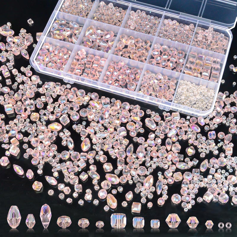 Laopottbeads 1500 Pcs Crystal Glass Beads For Jewelry Making - 12 Styles Bicone  Rondelle  Cube  Teardrop & 3Mm Spacer Beads  Diy Bracelet Necklace Earring Craft Kit With Organizer Box(Pink) - Image 1