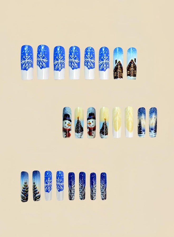UCCASA 24Pcs Christmas Square Press on Nails Blue Medium Length Fake Nails with Christmas Tree Snowman Snowflakes Patterns Design Xmas Glue on Nails Winter Artificial Nails for Women Acrylic Manicure Salon - Image 5