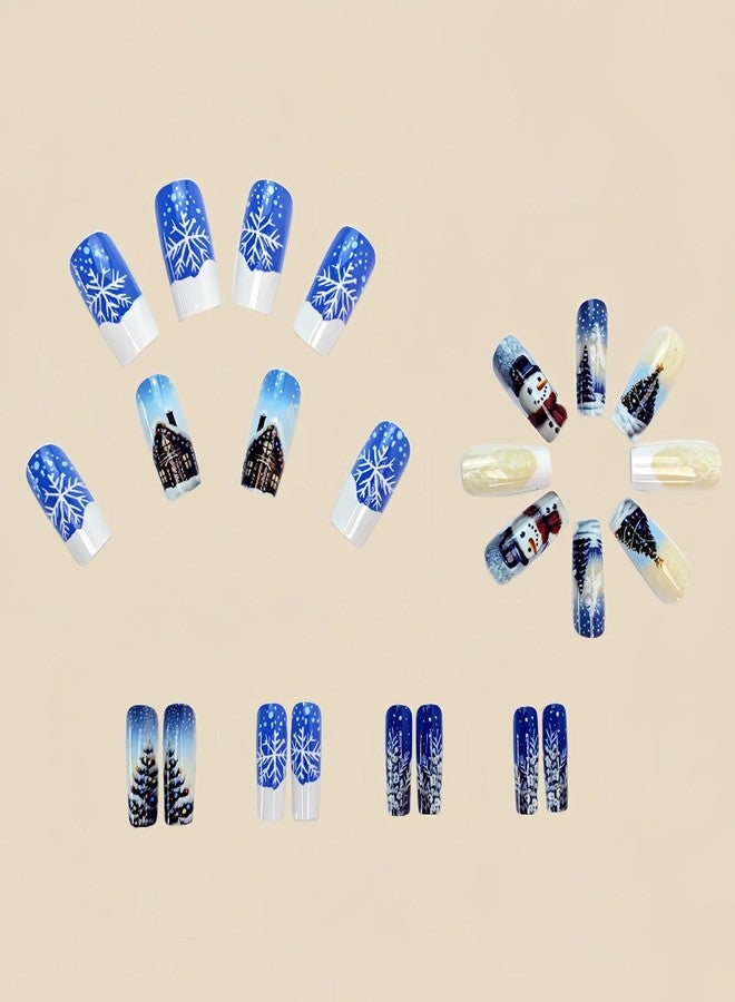 UCCASA 24Pcs Christmas Square Press on Nails Blue Medium Length Fake Nails with Christmas Tree Snowman Snowflakes Patterns Design Xmas Glue on Nails Winter Artificial Nails for Women Acrylic Manicure Salon - Image 3