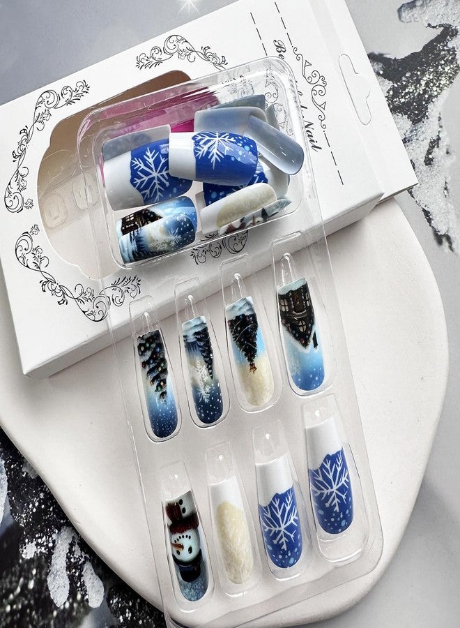 UCCASA 24Pcs Christmas Square Press on Nails Blue Medium Length Fake Nails with Christmas Tree Snowman Snowflakes Patterns Design Xmas Glue on Nails Winter Artificial Nails for Women Acrylic Manicure Salon - Image 4