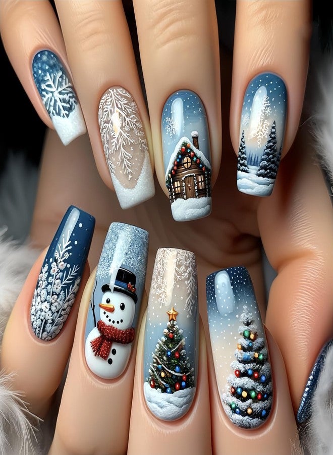 UCCASA 24Pcs Christmas Square Press on Nails Blue Medium Length Fake Nails with Christmas Tree Snowman Snowflakes Patterns Design Xmas Glue on Nails Winter Artificial Nails for Women Acrylic Manicure Salon - Image 1