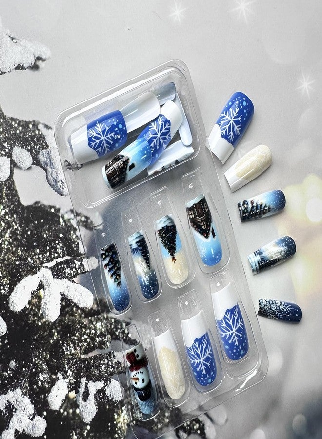 UCCASA 24Pcs Christmas Square Press on Nails Blue Medium Length Fake Nails with Christmas Tree Snowman Snowflakes Patterns Design Xmas Glue on Nails Winter Artificial Nails for Women Acrylic Manicure Salon - Image 2