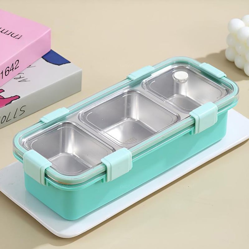 peplyf Meal Buddy Lunchbox LeakProof Stainless Steel Solid Snacks Meals 3 Grid Green - Image 1